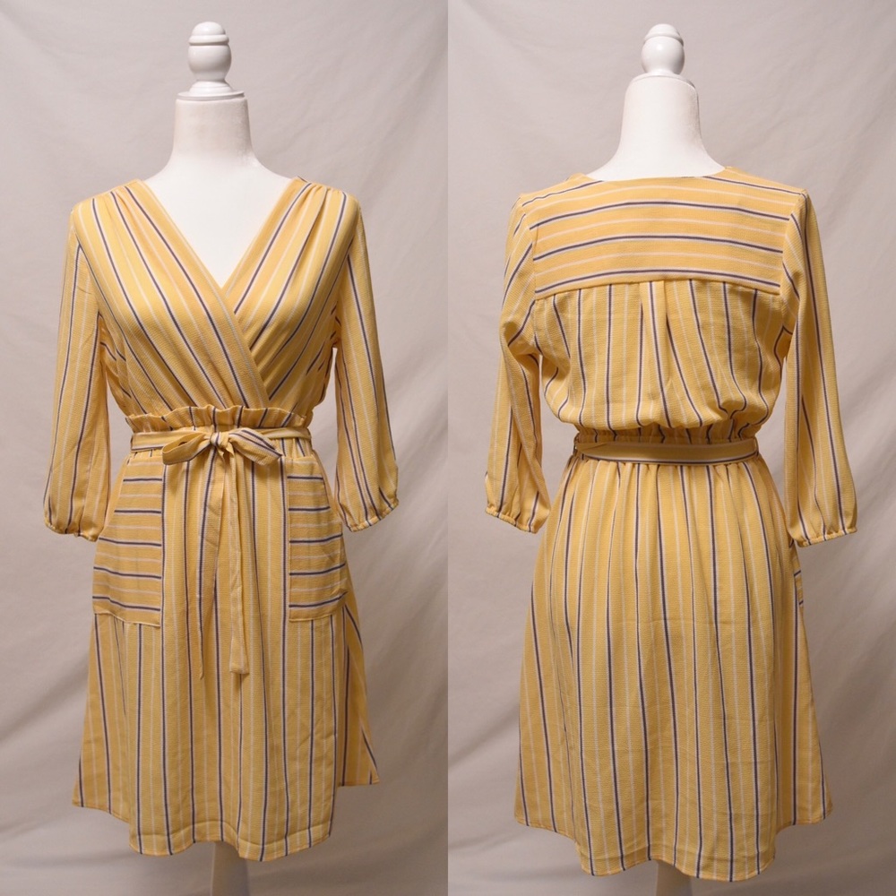 NWT MONTEAU Yellow Striped Wrap Dress Size S